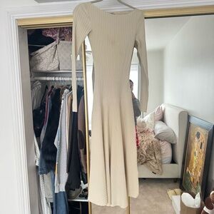 Zara Long Sleeve Ribbed Cream Midi Dress